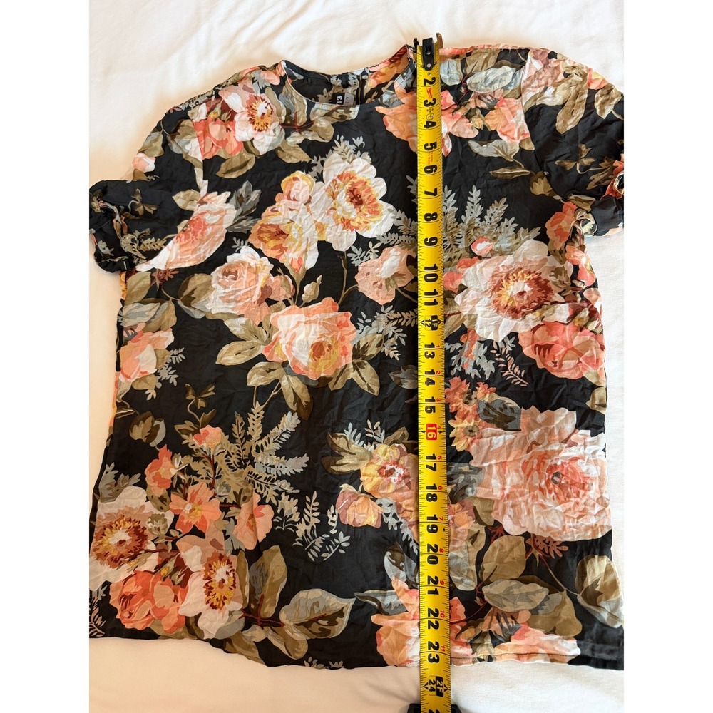 Linda Allard Ellen Tracy 100% Silk Floral Blouse Black Peach Short Sleeve Size 6 - Picture 4 of 7
